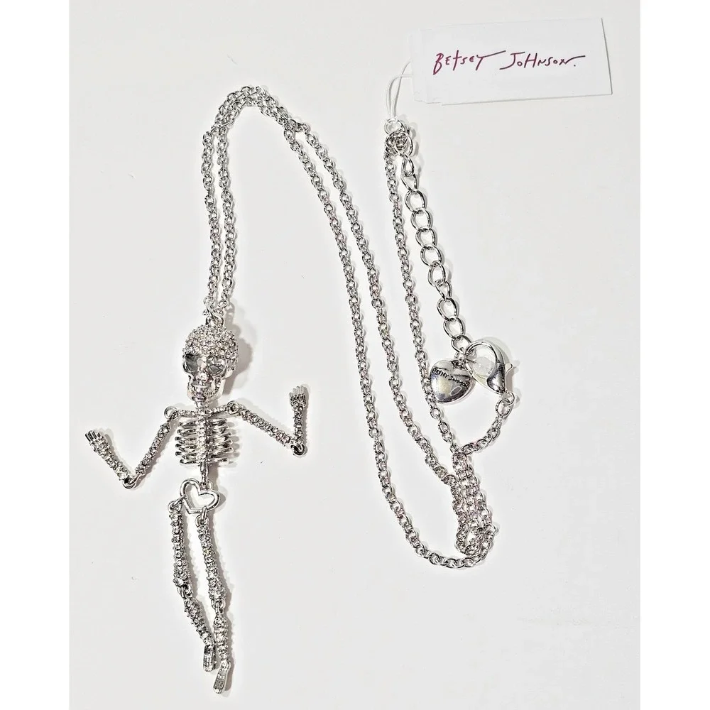 Betsey Johnson Halloween Crystal Skeleton Long Pendant Necklace - 23 Inches Long